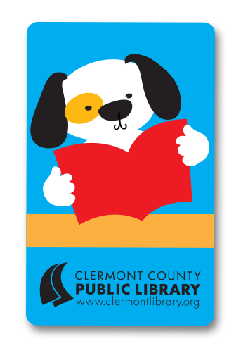 Library card with an illustration of a white dog with black ears reading a book.