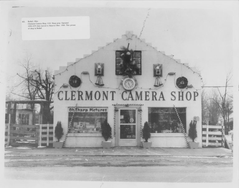 Black and white of the Clermont Camera Shop