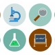 Illustrations of a microscope, magnifying glass, beaker, and chalk board
