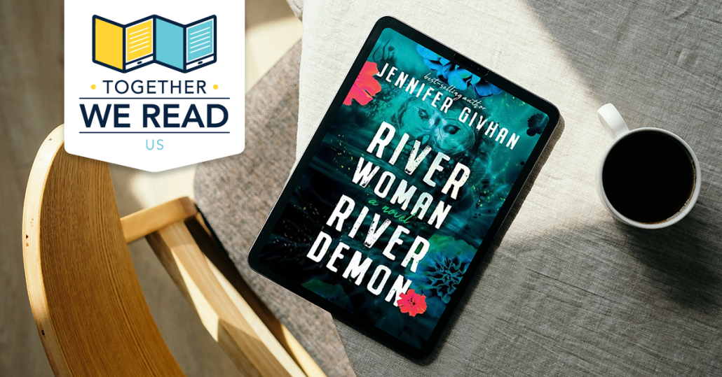 Tablet showing the book cover for River Woman, River Demon by Jennifer Givhan