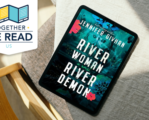 Tablet showing the book cover for River Woman, River Demon by Jennifer Givhan